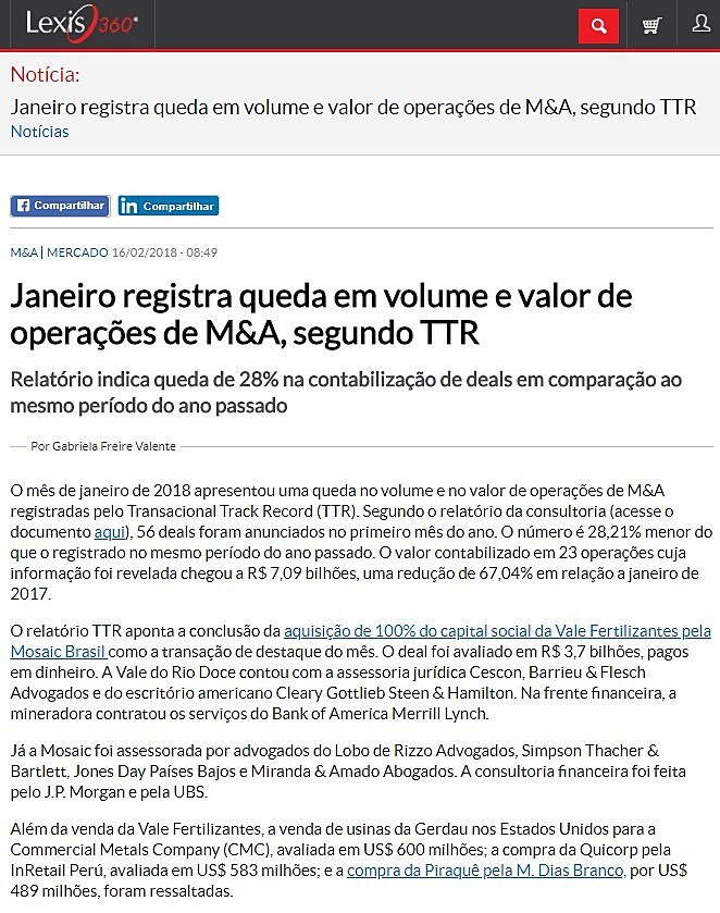 Janeiro registra queda em volume e valor de operaes de M&A, segundo TTR